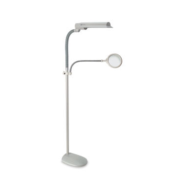 OttLite EasyView Floor Lamp - Side view showing lamp with shade and attached Magnifier
