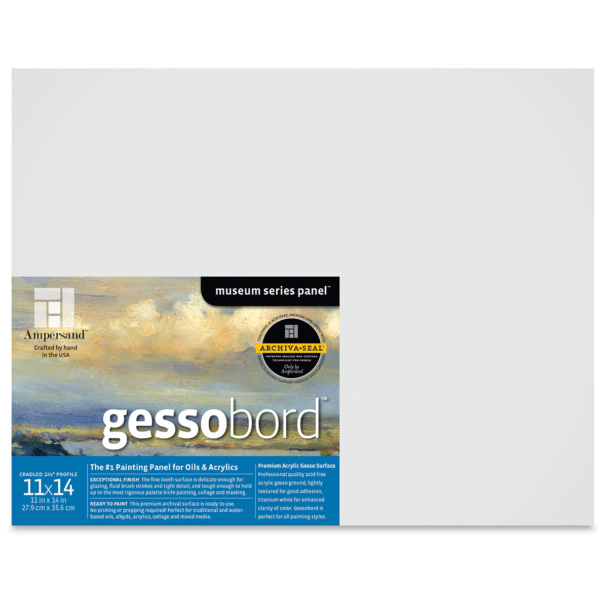 Ampersand Art Supply Gesso Wood Painting Panel: Museum Series Gessobord,  24 x 24, 1-1/2 Cradled Profile
