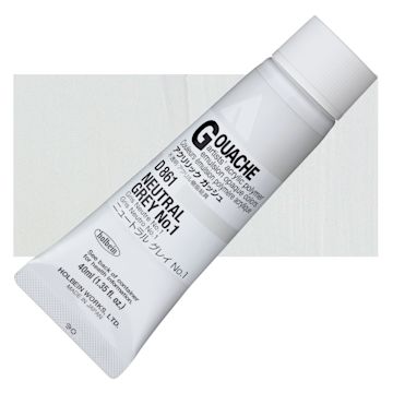 Open in modal - Holbein Acrylic Gouache - Neutral Gray 1, 40 ml tube and swatch