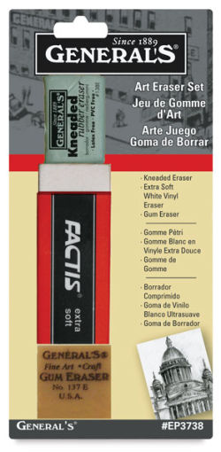 General's Art Eraser Set - Front of blister package showing three included erasers