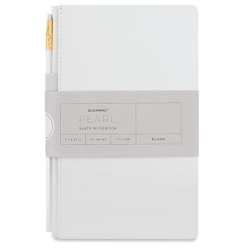 Open in modal - Blackwing Slate Notebooks - Front view of packaged blank Pearl notebook with pencil