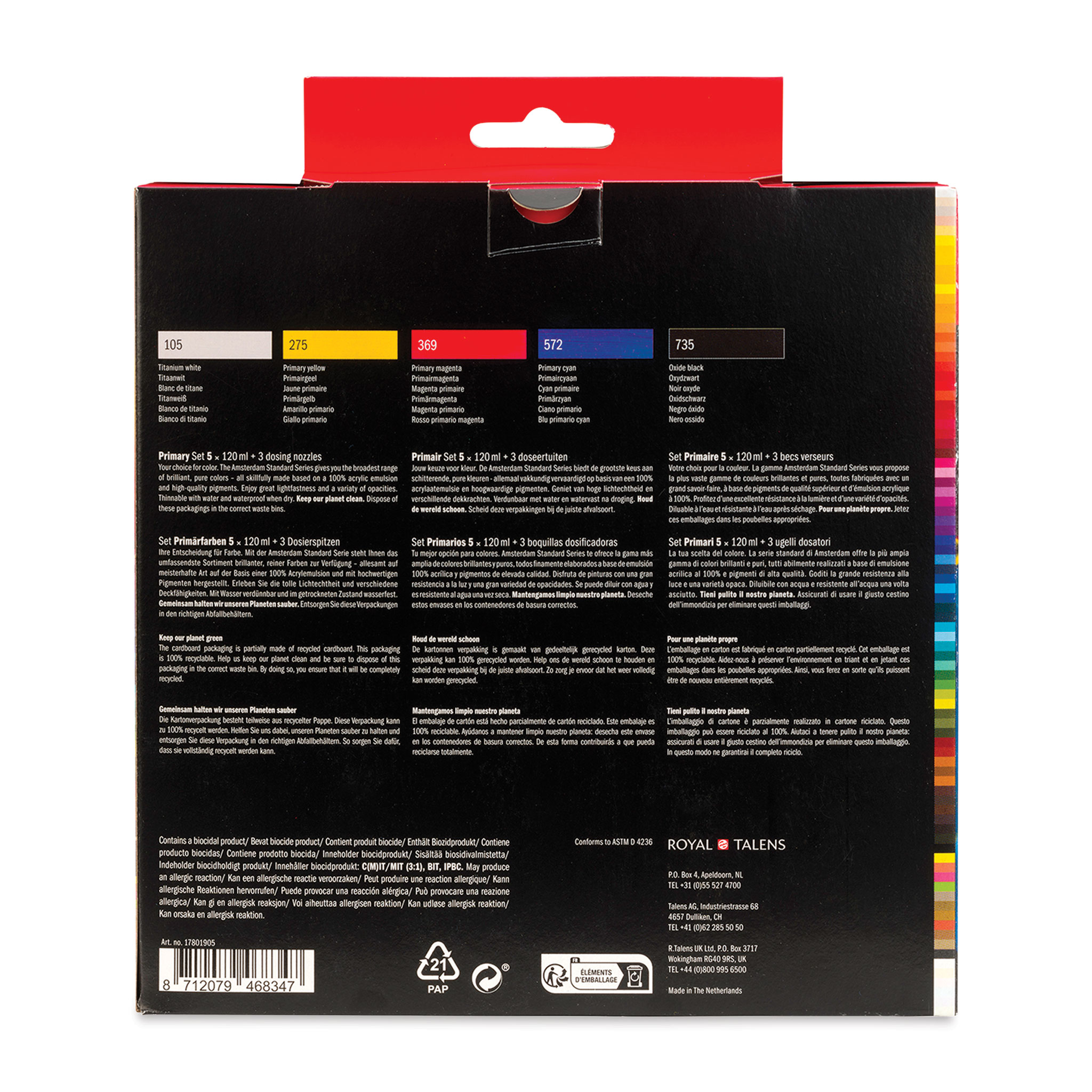 Amsterdam Standard Series Acrylics - Set of 5, Primary Colors, 120 mL, Tubes with 3 Nozzles