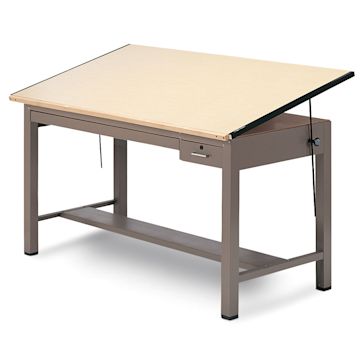 Open in modal - Mayline Ranger Medium Steel Four-Post Drawing Table - 72" x 37-1/2", Black, with Tool & Plan Drawer