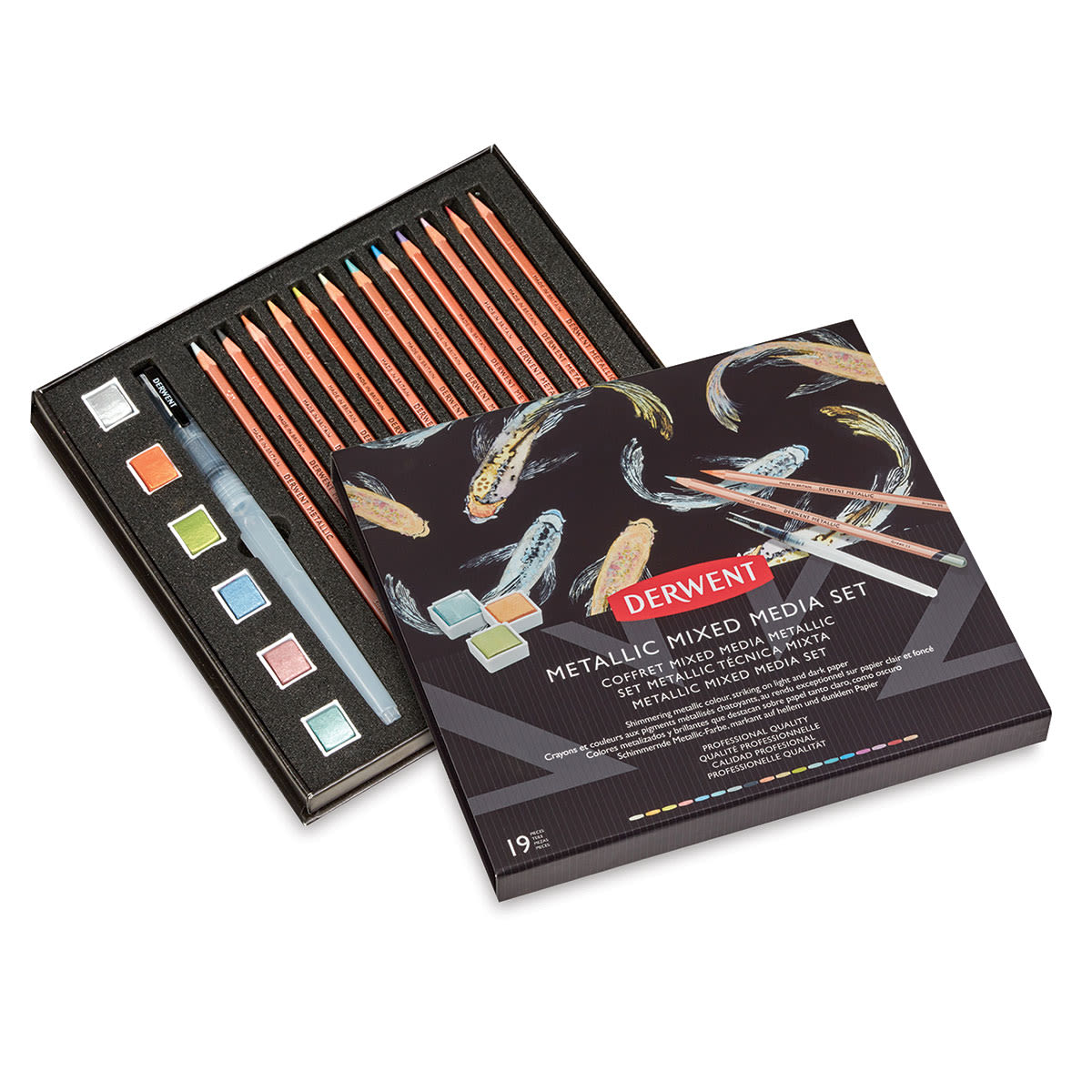 Derwent Metallic Mixed Media Set (showing front cover and set contents)
