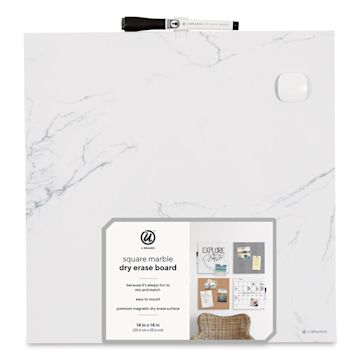 Open in modal - U Brands Dry Erase Tile Board - Front of package of Blank Marble board showing Marker and magnet