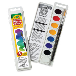 Crayola Educational Watercolor Pan Set - 8 Oval Mixing Colors. Closed and lid-open views of set. 