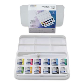 Open in modal - Winsor & Newton Cotman - Water Brush Pocket Set, Set of 12, Assorted Colors, Half Pans (Front of packaging shown with open set)