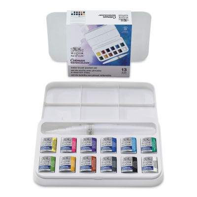 Winsor & Newton Cotman - Water Brush Pocket Set, Set of 12, Assorted Colors, Half Pans (Front of packaging shown with open set)