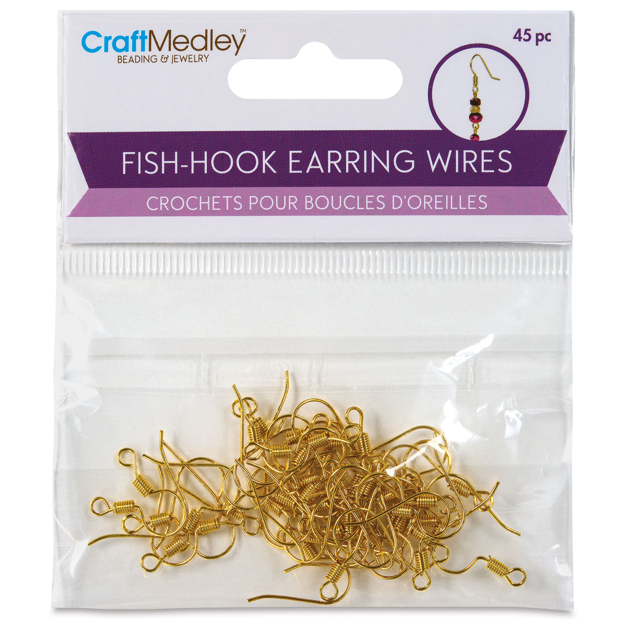 Craft Medley Fish Hook Earring Wires - Gold, 19 mm, Pkg of 45