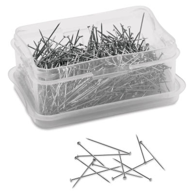 Dritz Dressmaker Pins - Pkg of 750, opened storage box and pins laid out