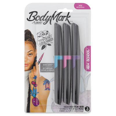 Bic BodyMark Temporary Tattoo Markers - Front of package of 3 New School Markers