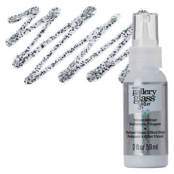 Gallery Glass Paint - Glitter Silver, 2 oz swatch with bottle