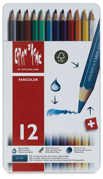 Caran d'Ache Fancolor Watercolor Pencil Sets - Front of 12 pc package showing pencils