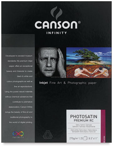 Canson Infinity PhotoSatin Premium Resin Coated Inkjet Paper - Front of package of 25 Sheets