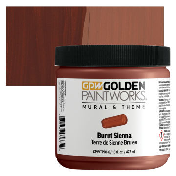Golden Paintworks Mural and Theme Acrylic Paint - Burnt Sienna, 16 oz, Jar with swatch