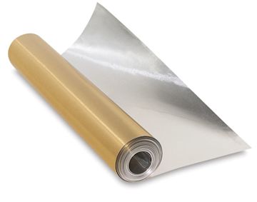 Open in modal - Two-Tone Tooling Foil - Partially unrolled Goldtone roll, showing Aluminum interior side