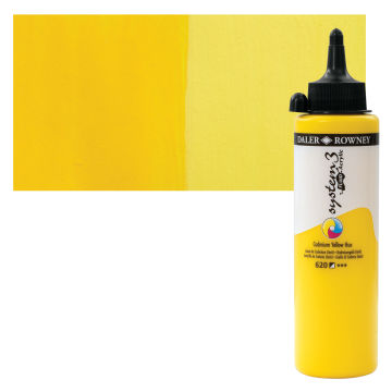 Daler-Rowney System3 Fluid Acrylics - Cadmium Yellow Hue, 250 ml bottle with swatch