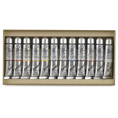 Holbein Vernét Superior Artists' Oil Paint Set - Set of 12 colors shown in open tray