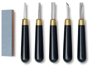 RGM Linoleum Knives - Components of Knife Set with sharpening tool shown upright
