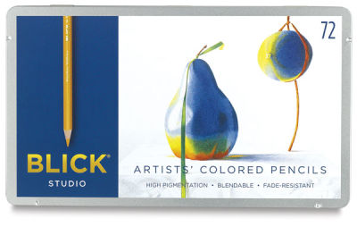 Blick Studio Artists' Colored Pencils - Assorted Colors, Set of 72. Front of closed tin box.