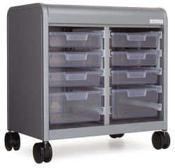 Smith System Cascade Tote Tray Storage - left angle view of open cabinet on wheels with eight clear trays (included)