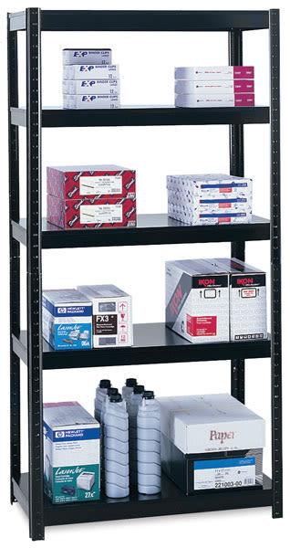 Safco Boltless Steel Shelving Units - Angled view of 4 shelf unit