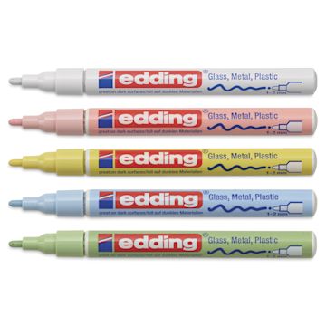 Open in modal - Edding Gloss Paint Markers - Pastel Colors, Set of 5, Round Nib, 1-2 mm, laid out with caps off
