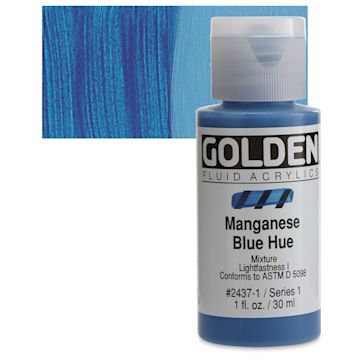 Open in modal - Golden Fluid Acrylic - Manganese Blue Historical Hue, 1 oz bottle and swatch