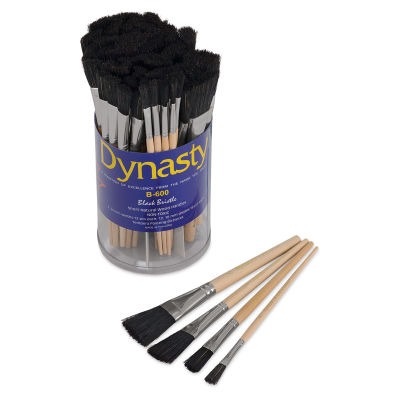 Dynasty Black Bristle Brush Canister - Flat Brushes in canister with 4 included sizes in front