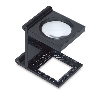 Plastic Folded-up Magnifier - Angled view of unfolded 5X Magnifier