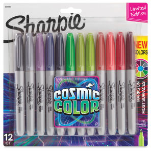 Sharpie Fine Point Permanent Markers - Set of 12, Cosmic Colors. Package front of 12 markers.
