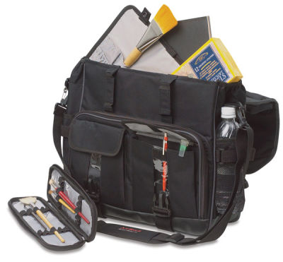 Just Stow-It Messenger Bag - Angled view of open bag with multiple accessories in storage areas