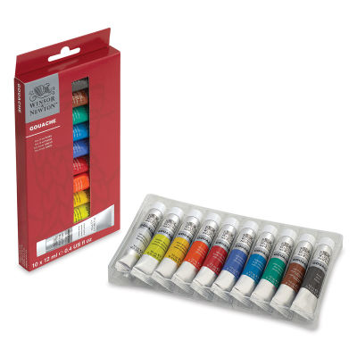 Winsor & Newton Gouache - Set of 10, Assorted Colors, 12 ml, Tubes (Tubes in tray shown with packaging)