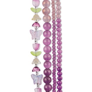 Open in modal - John Bead Crystal Lane DIY Glass Garden Bead Quadruple Strand - Butterflies, Tulips, and Round Beads, Light to Dark Heather Ombre
