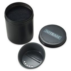 Nitram Powdered Charcoal - Canister of charcoal shown with reservoir and lid adjacent