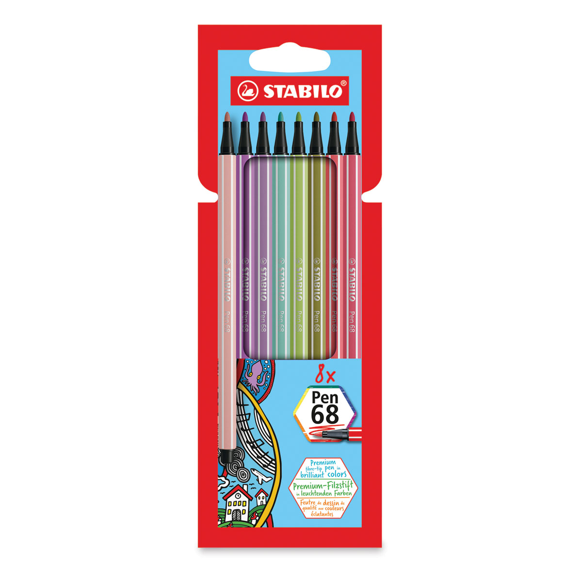 STABILO Pen 68 Fibre Tip Brush Pen - ARTY - Wallet of 10