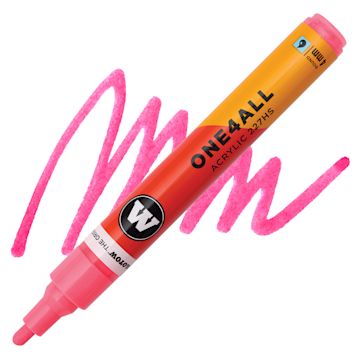 Open in modal - Molotow One4All Acrylic Marker - 4 mm Tip, Neon Red Flowers, Bullet Tip, swatch and marker