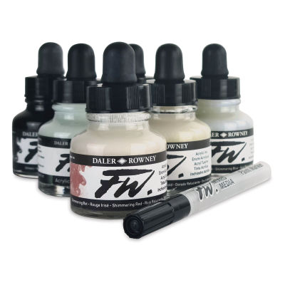 Daler-Rowney FW Acrylic Water-Resistant Artists Ink - 1 oz, Shimmer Colors, Set of 6 with Empty Marker