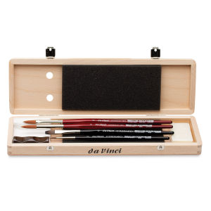 Casaneo and Cosmotop Spin Brushes Wood Box Set - Open birch gift box showing 4 brushes, accessories