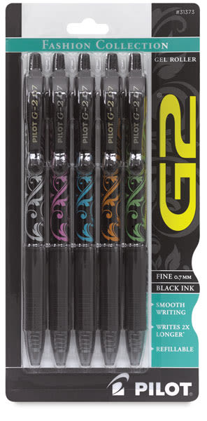 Pilot G2 Gel Pen Set - Front of blister package of 5 pc set of Fashion Colors showing pens