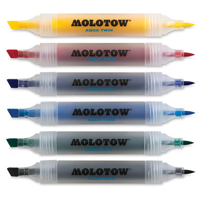 Molotow Aqua Twin Markers and Sets - 6 Markers from Basic Set 1 shown horizontally and uncapped

