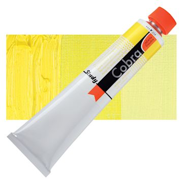 Open in modal - Royal Talens Cobra Study Water Mixable Oil Paint - Permanent Lemon Yellow, 200 ml tube and swatch