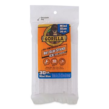 Open in modal - Gorilla Glue All-Temp Mini Hot Glue Sticks - Front view of package of 30 Glue Sticks