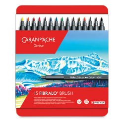 Caran d'Ache Fibralo Brush Marker Sets - Front of package of 15 markers with markers slightly out
