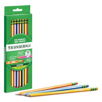 Open in modal - Ticonderoga No. 2 Striped Pencil - Pkg of 10, thee pencils laid in front of packaging