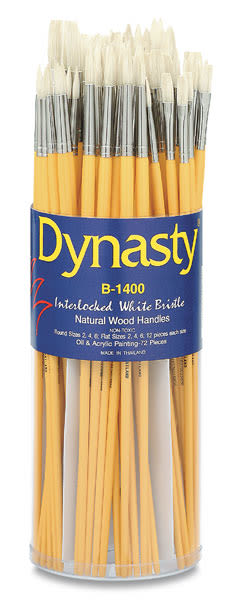 Dynasty Natural White Bristle Assortments - Front of canister of 72 assorted Round & Flat brushes