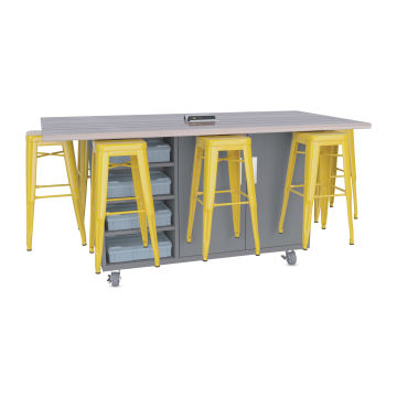 CEF Ed8 Work Table with Stools, 42"H table with yellow stools and Northsea Grey finish.