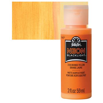 Open in modal - FolkArt Multi-Surface Neon Blacklight Acrylic Paint - Orange-Yellow, 2 oz, Bottle and swatch
