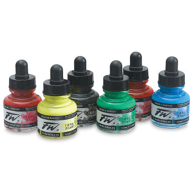 Daler-Rowney FW Acrylic Water-Resistant Artists Ink - 1 oz, Primary Colors Set, Set of 6 (set contents)