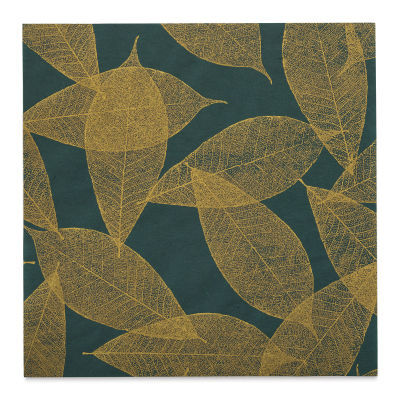 Black Ink Screenprinted Leaves Mulberry Decorative Paper - Emerald, 12" x 12"